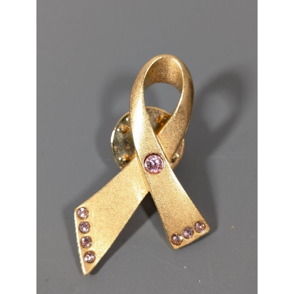 Avon Gold Tone Matte Pink Rhinestone Ribbon Awareness Tack Pin Small Brooch